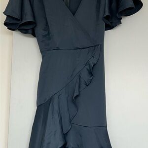 Grey Blue Satin Wrap Dress